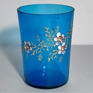 Antique VICTORIAN DRINKING Glass / AQUA BLUE With ENAMELED FLOWERS / Small Flaw